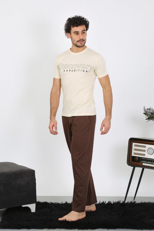 moda çizgi Erkek Kısa Kol Penye Krem Pijama Takımı 6846 - 4