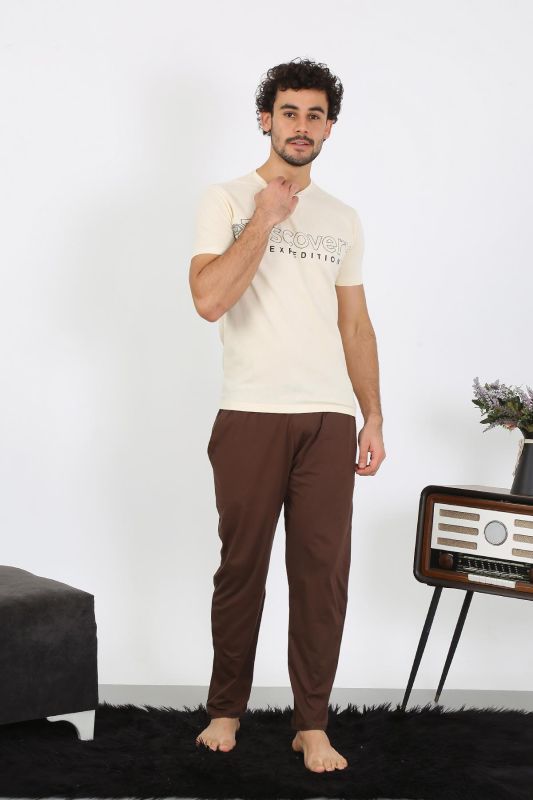 moda çizgi Erkek Kısa Kol Penye Krem Pijama Takımı 6846 - 6