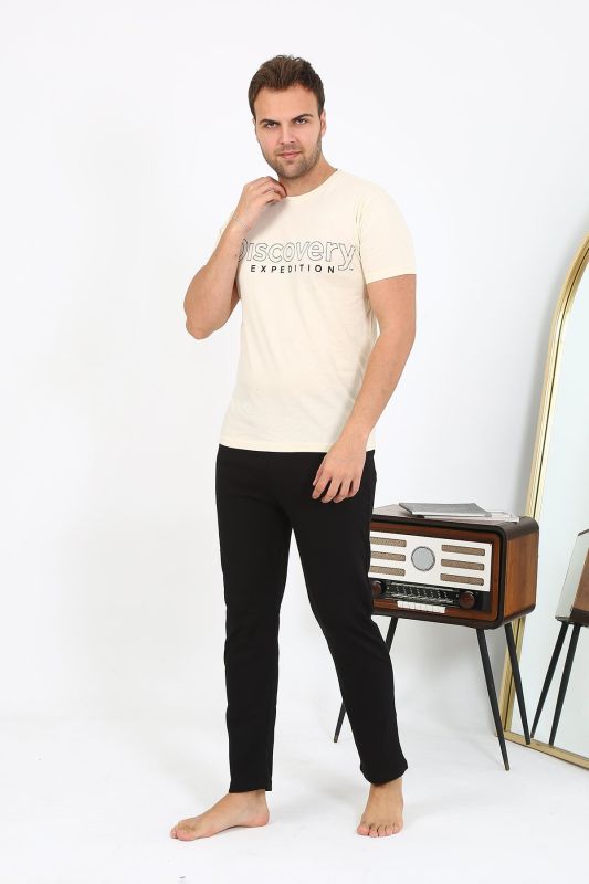 Moda Çizgi Erkek Kısa Kol Penye Pijama Takımı 6866 Krem - 6