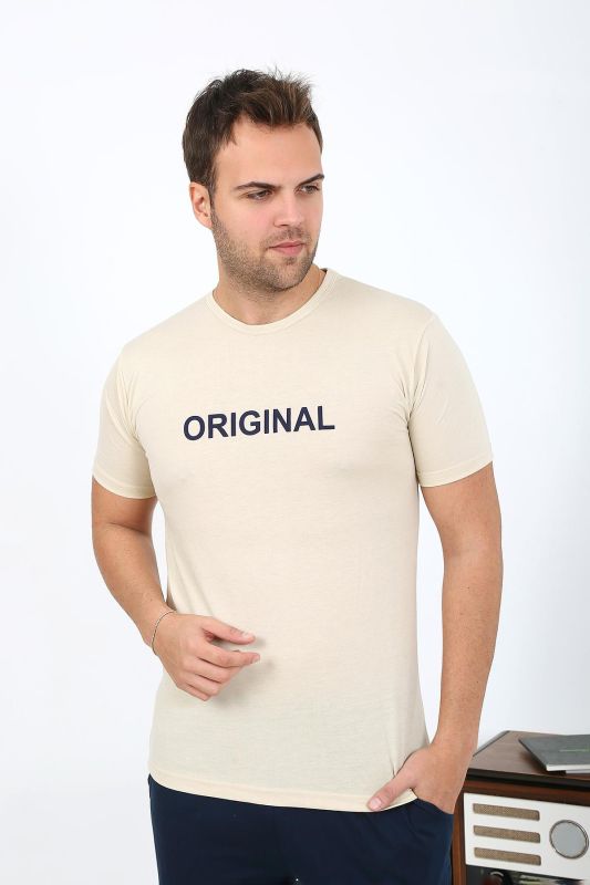 Moda Çizgi Erkek Kısa Kol Penye Pijama Takımı 6867 Krem - 1