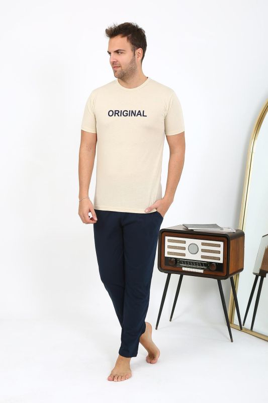 Moda Çizgi Erkek Kısa Kol Penye Pijama Takımı 6867 Krem - 6