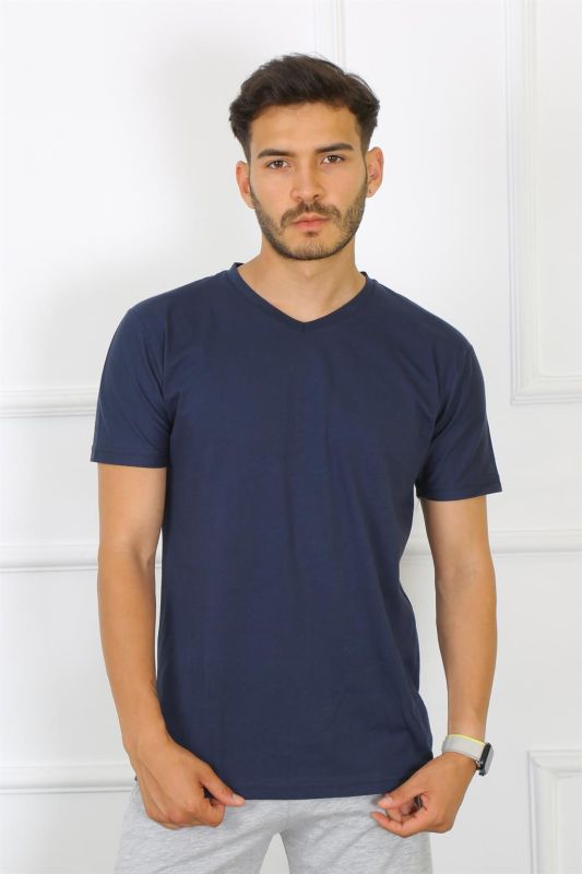 Moda Çizgi Erkek Lacivert %100 Pamuklu T-Shirt 27486 - 1