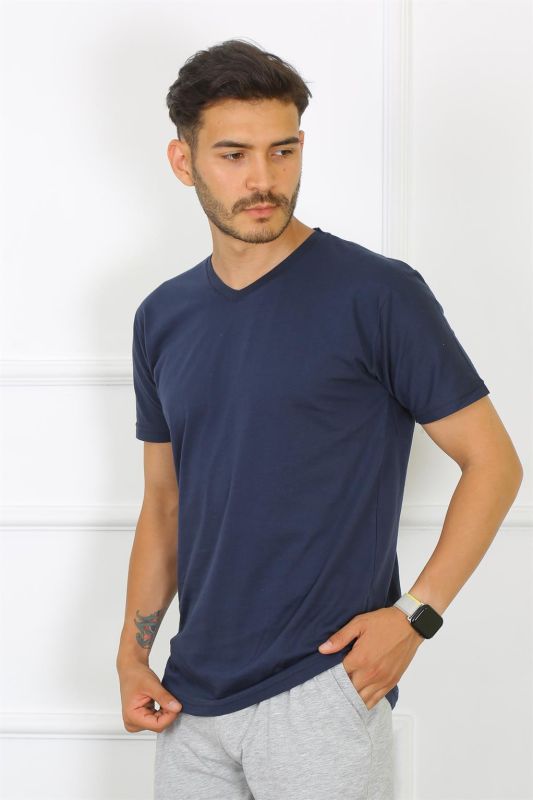 Moda Çizgi Erkek Lacivert %100 Pamuklu T-Shirt 27486 - 2
