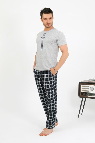 Moda Çizgi Erkek Pamuk Kısa Kol Pijama Takım Gri 6875 - Thumbnail