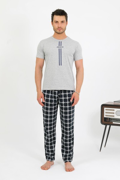 Moda Çizgi Erkek Pamuk Kısa Kol Pijama Takım Gri 6875 - Thumbnail