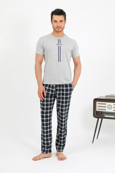 Moda Çizgi Erkek Pamuk Kısa Kol Pijama Takım Gri 6875 - Thumbnail