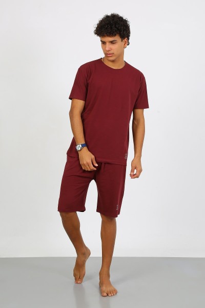 Moda Çizgi Erkek Pamuk Lakost Alt Üst Kaprili Pijama Takım Bordo 6872 - Thumbnail