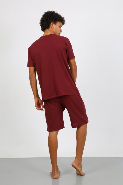 Moda Çizgi Erkek Pamuk Lakost Alt Üst Kaprili Pijama Takım Bordo 6872 - Thumbnail