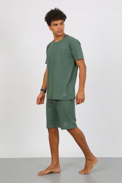 Moda Çizgi Erkek Pamuk Lakost Alt Üst Kaprili Pijama Takım Yeşil 6872 - Thumbnail