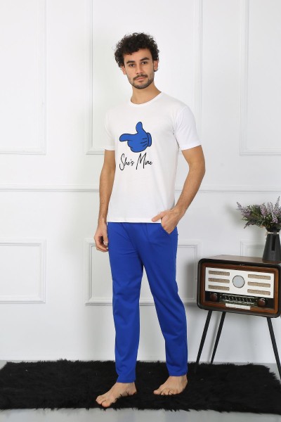 moda çizgi Erkek Pamuk Penye Sevgili Kombini Pijama Takımı Beyaz 50129 Tek Takım Fiyatıdır - Thumbnail