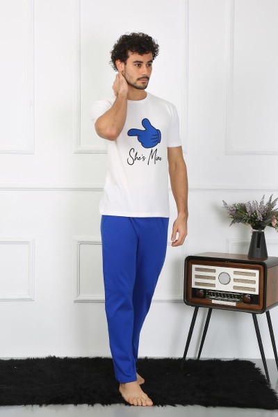 moda çizgi Erkek Pamuk Penye Sevgili Kombini Pijama Takımı Beyaz 50129 Tek Takım Fiyatıdır - Thumbnail