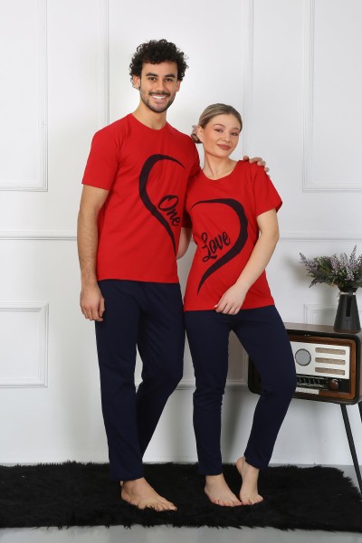 moda çizgi Erkek Pamuk Penye Sevgili Kombini Pijama Takımı Kırmızı 50128 Tek Takım Fiyatıdır - Thumbnail