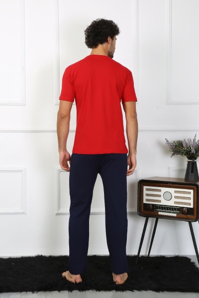 moda çizgi Erkek Pamuk Penye Sevgili Kombini Pijama Takımı Kırmızı 50128 Tek Takım Fiyatıdır - Thumbnail