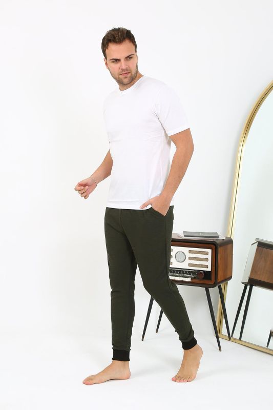 Moda Çizgi Erkek Pamuk Tek Alt Pijama Haki 27551 - 3