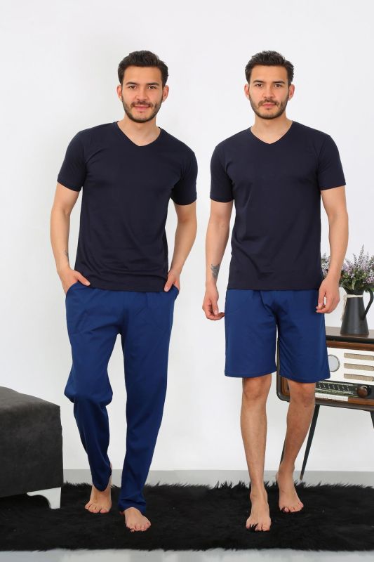 Moda Çizgi Erkek Penye 3'lü Lacivert V Yaka Pijama Takımı 6822 - 1