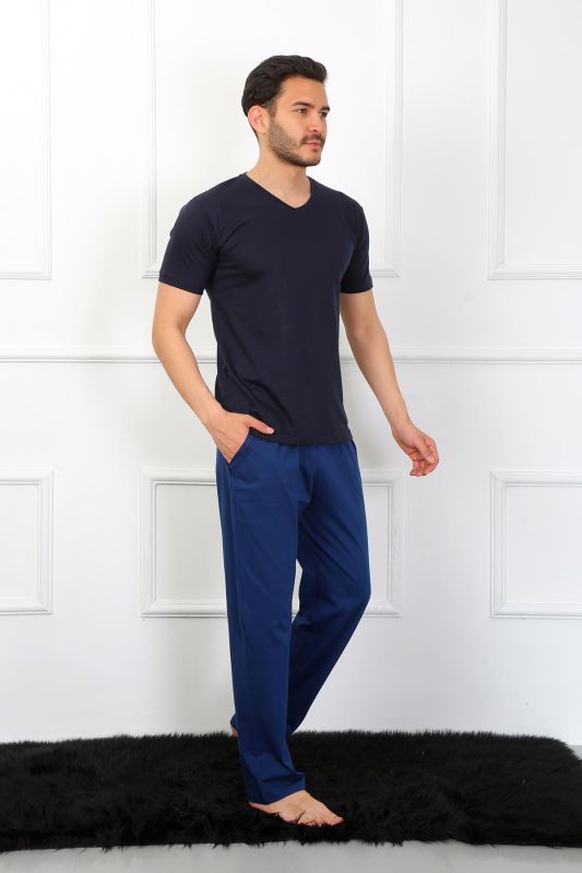Moda Çizgi Erkek Penye 3'lü Lacivert V Yaka Pijama Takımı 6822 - 2