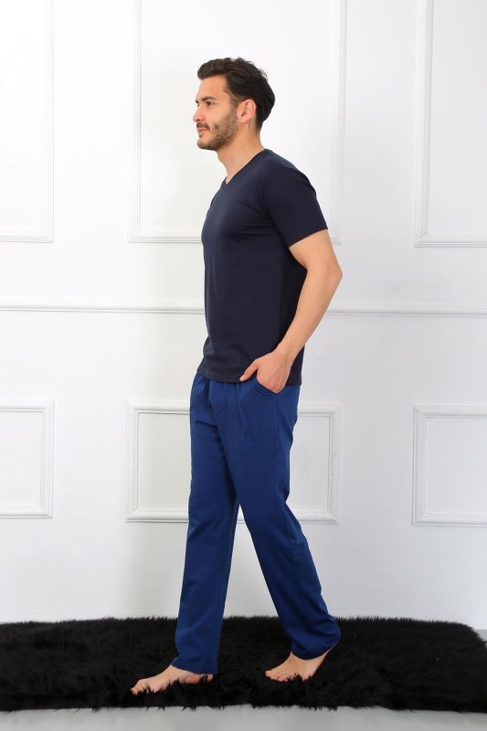 Moda Çizgi Erkek Penye 3'lü Lacivert V Yaka Pijama Takımı 6822 - 3