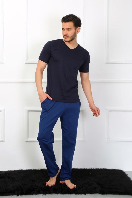 Moda Çizgi Erkek Penye 3'lü Lacivert V Yaka Pijama Takımı 6822 - 6