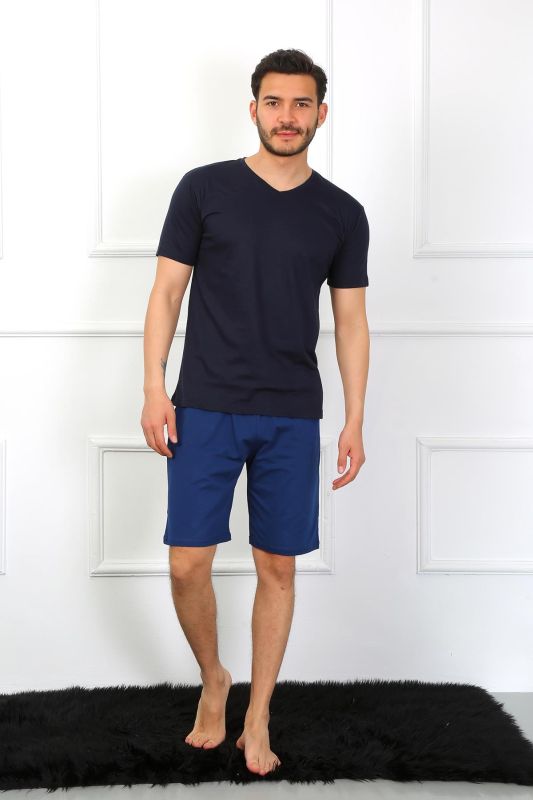 Moda Çizgi Erkek Penye 3'lü Lacivert V Yaka Pijama Takımı 6822 - 7