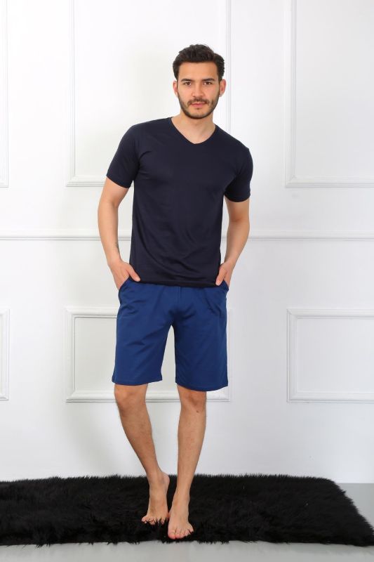 Moda Çizgi Erkek Penye 3'lü Lacivert V Yaka Pijama Takımı 6822 - 8