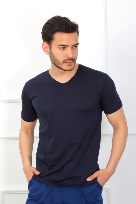 Moda Çizgi Erkek Penye 3'lü Lacivert V Yaka Pijama Takımı 6822 - 9