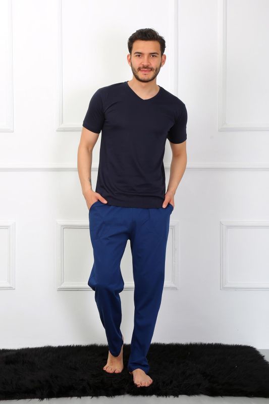 Moda Çizgi Erkek Penye 3'lü Lacivert V Yaka Pijama Takımı 6822 - 10