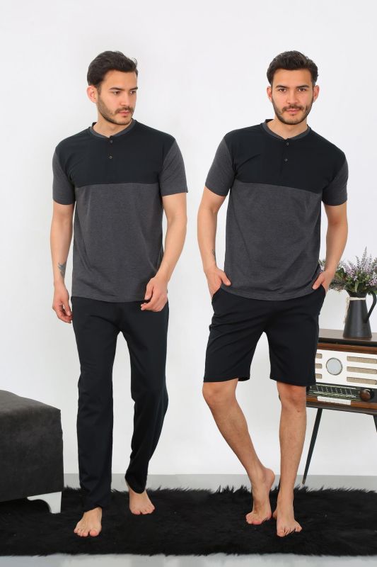 Moda Çizgi Erkek Penye 3'lü Parçalı Pijama Takımı Antrasit 6823 - 1