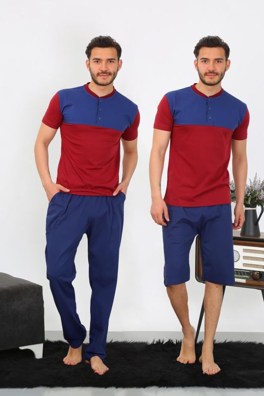 Moda Çizgi Erkek Penye 3'lü Parlamentmavi Parçalı Pijama Takımı 6823 - 1