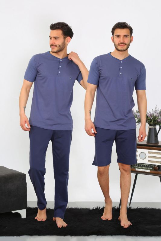 Moda Çizgi Erkek Penye 3'lü Pijama Takımı İndigo 6824 - 1