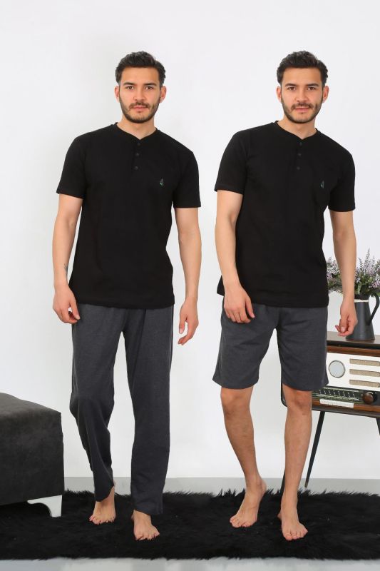 Moda Çizgi Erkek Penye 3'lü Siyah Pijama Takımı 6824 - 1