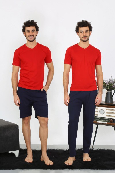 moda çizgi - moda çizgi Erkek Penye Kırmızı 3'lü Pijama Takımı 6848