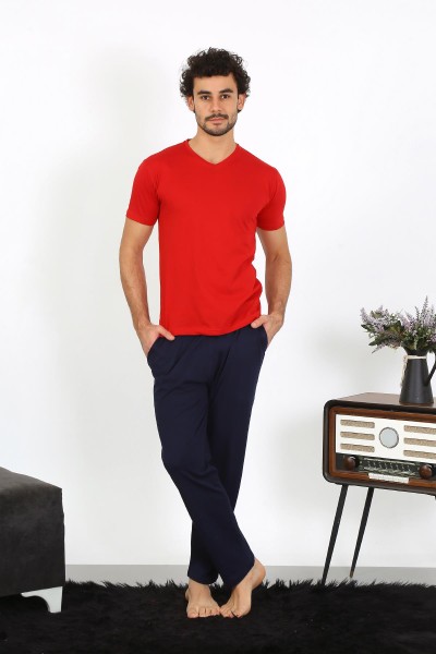moda çizgi Erkek Penye Kırmızı 3'lü Pijama Takımı 6848 - Thumbnail