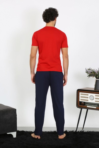 moda çizgi Erkek Penye Kırmızı 3'lü Pijama Takımı 6848 - Thumbnail