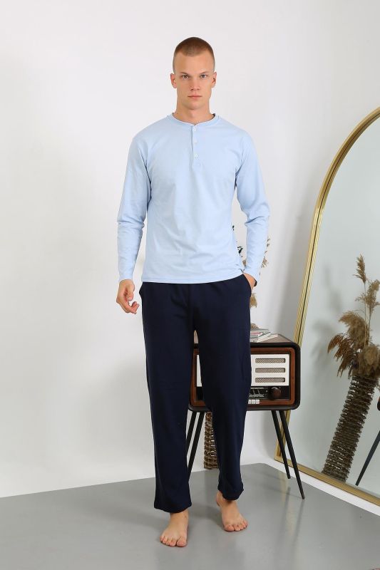 Moda Çizgi Erkek Penye Uzun Kol Pijama Takımı 6860 Buz Mavisi - 1