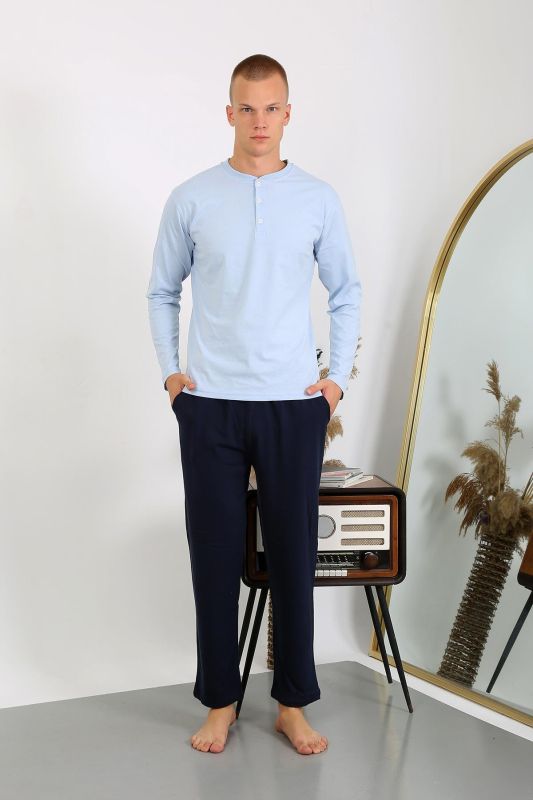Moda Çizgi Erkek Penye Uzun Kol Pijama Takımı 6860 Buz Mavisi - 3