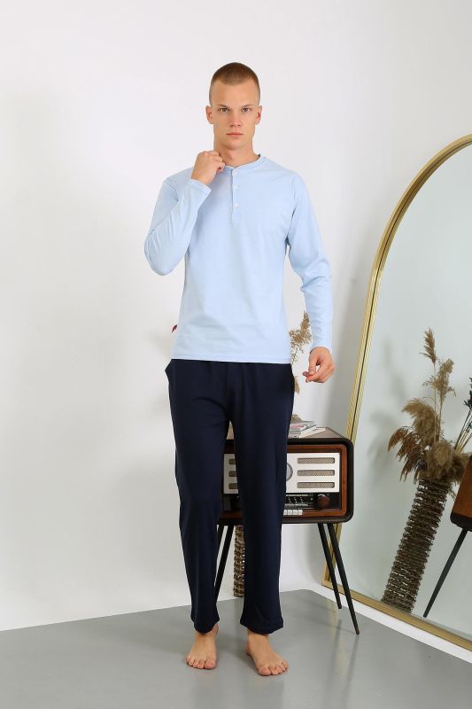 Moda Çizgi Erkek Penye Uzun Kol Pijama Takımı 6860 Buz Mavisi - 4