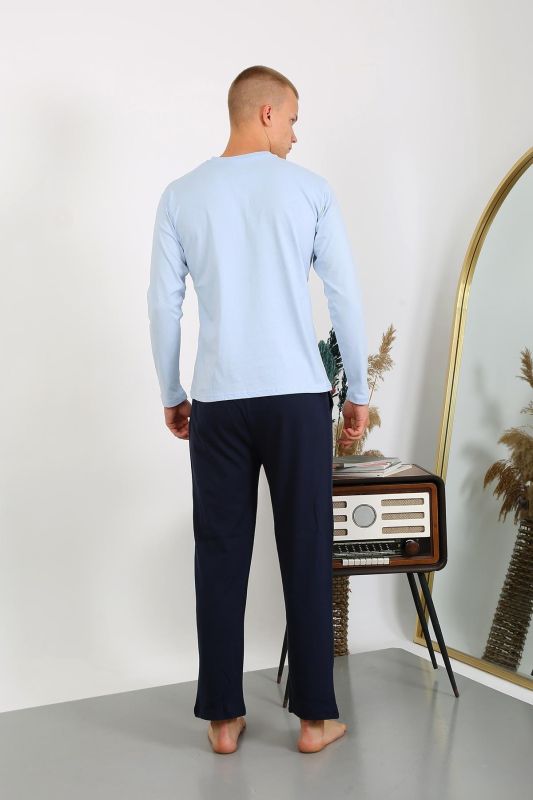 Moda Çizgi Erkek Penye Uzun Kol Pijama Takımı 6860 Buz Mavisi - 5