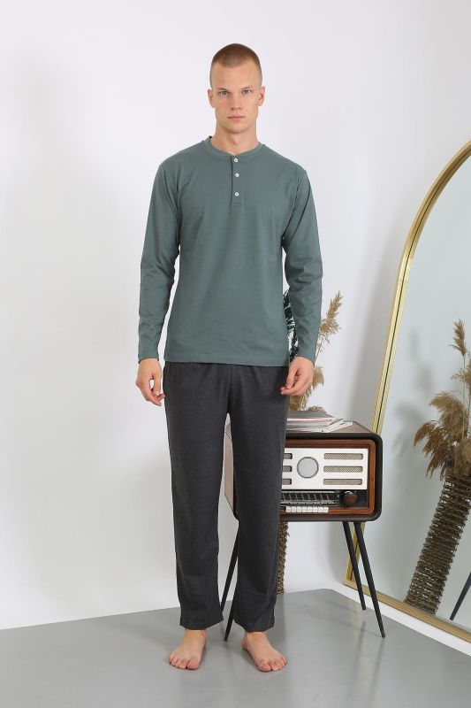 Moda Çizgi Erkek Penye Uzun Kol Pijama Takımı 6860 Haki - 1