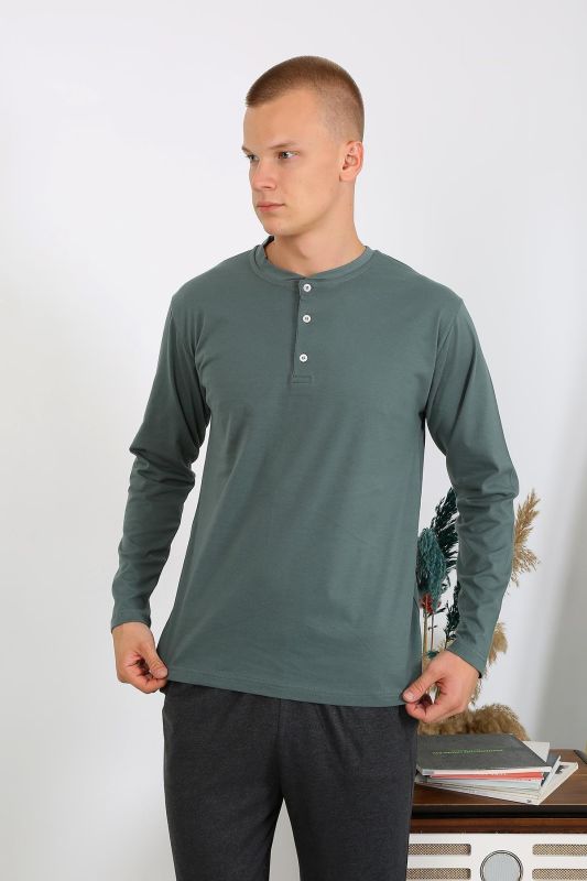 Moda Çizgi Erkek Penye Uzun Kol Pijama Takımı 6860 Haki - 3