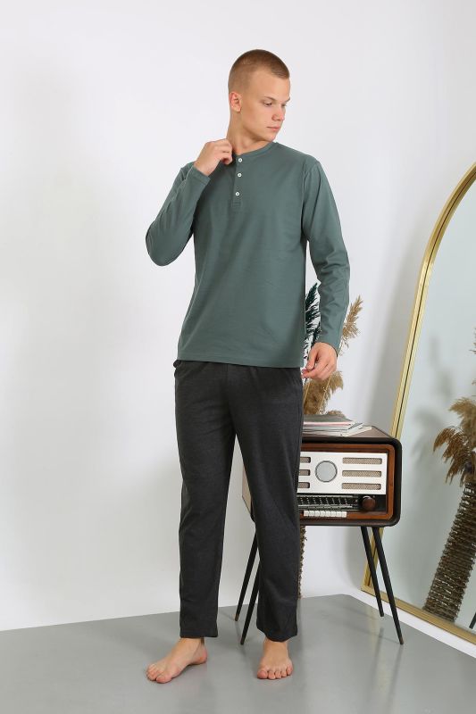Moda Çizgi Erkek Penye Uzun Kol Pijama Takımı 6860 Haki - 5