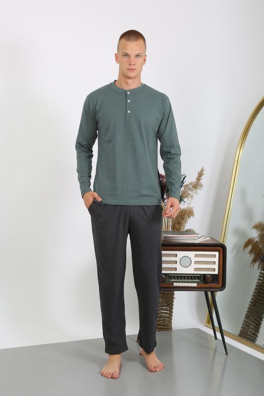 Moda Çizgi Erkek Penye Uzun Kol Pijama Takımı 6860 Haki - 6