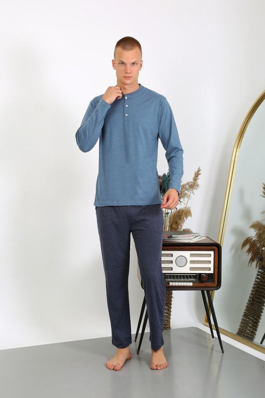 Moda Çizgi Erkek Penye Uzun Kol Pijama Takımı 6860 İndigo - 1