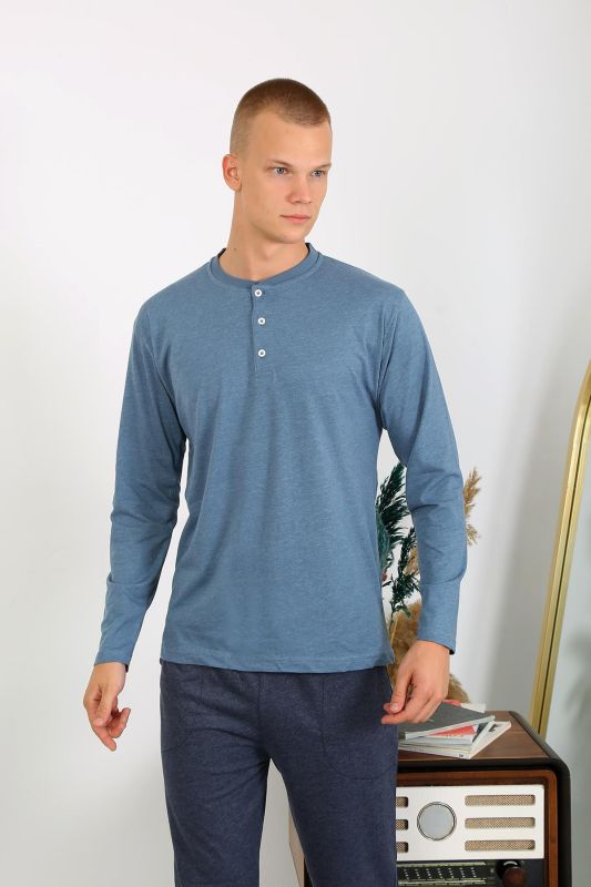 Moda Çizgi Erkek Penye Uzun Kol Pijama Takımı 6860 İndigo - 3