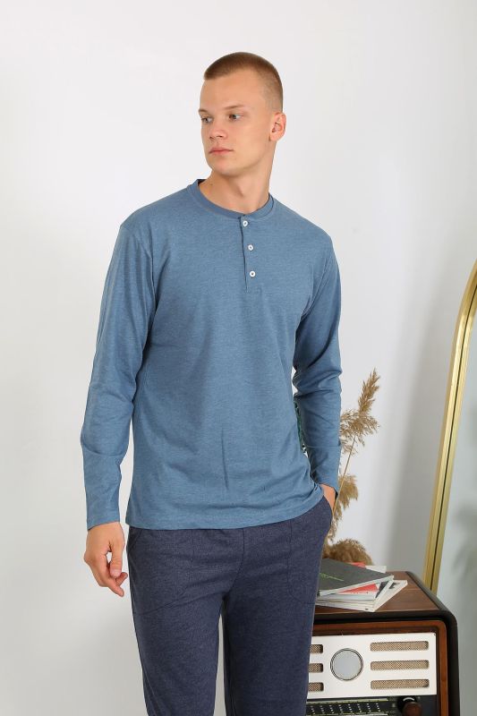 Moda Çizgi Erkek Penye Uzun Kol Pijama Takımı 6860 İndigo - 4