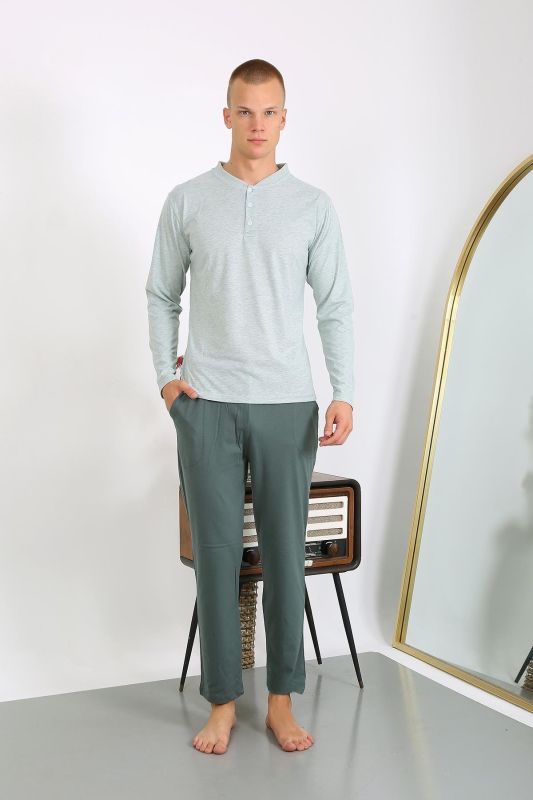 Moda Çizgi Erkek Penye Uzun Kol Pijama Takımı 6860 Su Yeşili - 2