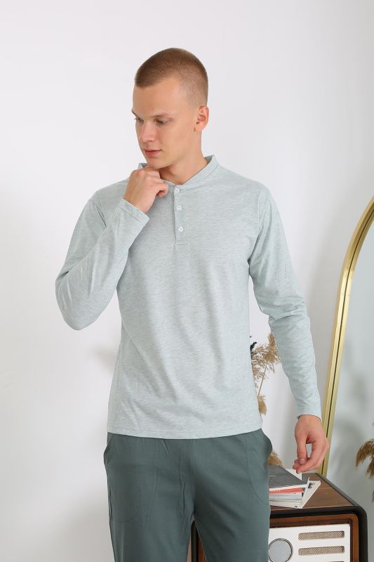 Moda Çizgi Erkek Penye Uzun Kol Pijama Takımı 6860 Su Yeşili - 5