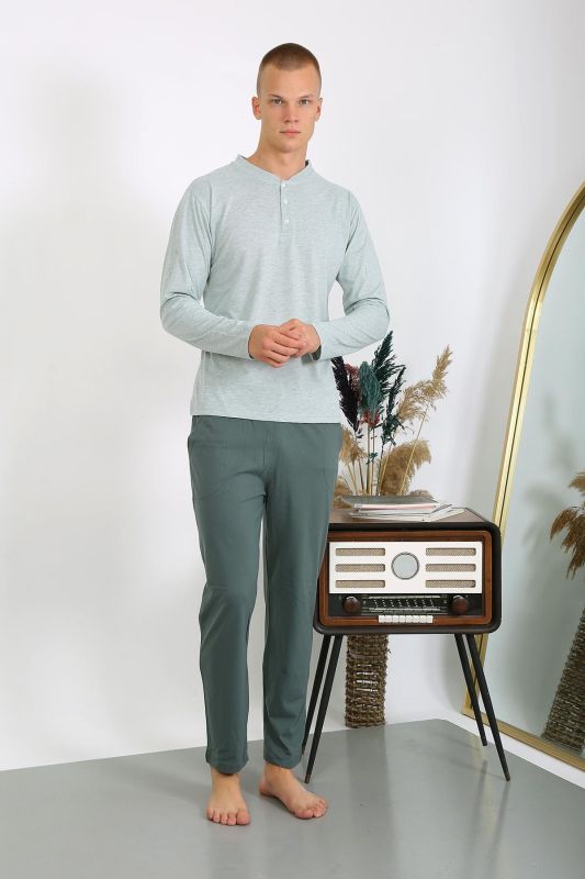 Moda Çizgi Erkek Penye Uzun Kol Pijama Takımı 6860 Su Yeşili - 6