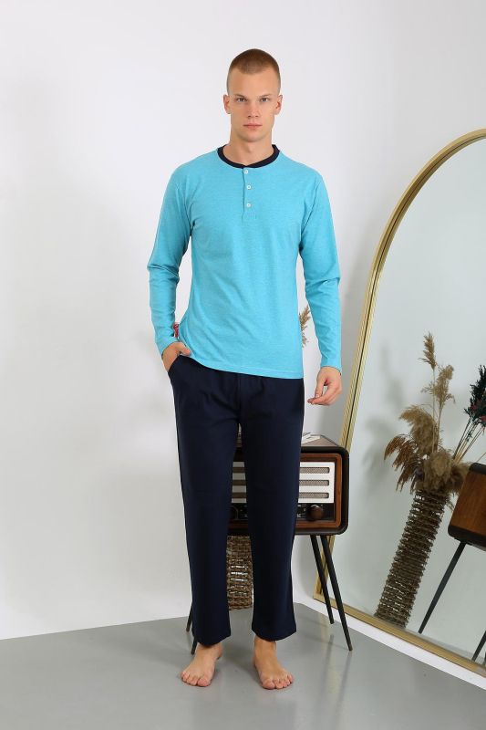 Moda Çizgi Erkek Penye Uzun Kol Pijama Takımı 6860 Turkuaz - 1