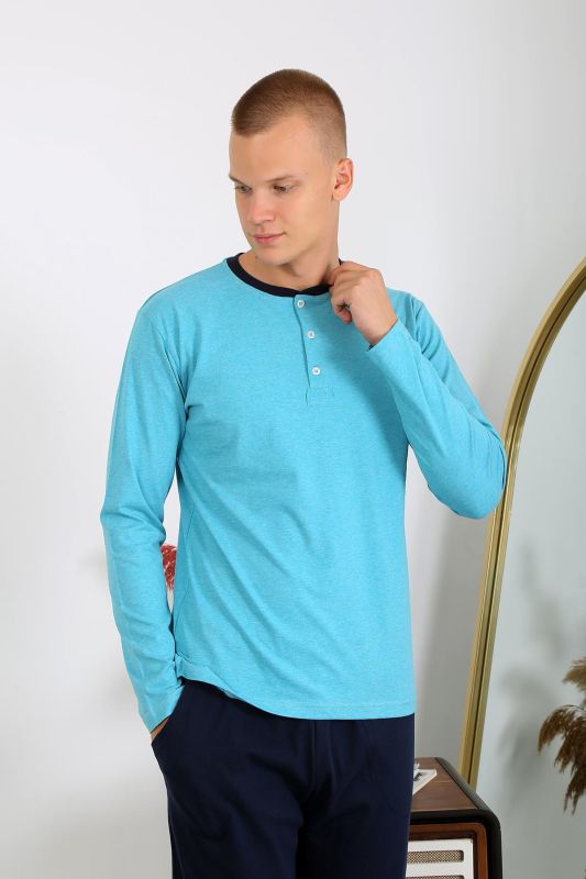 Moda Çizgi Erkek Penye Uzun Kol Pijama Takımı 6860 Turkuaz - 3