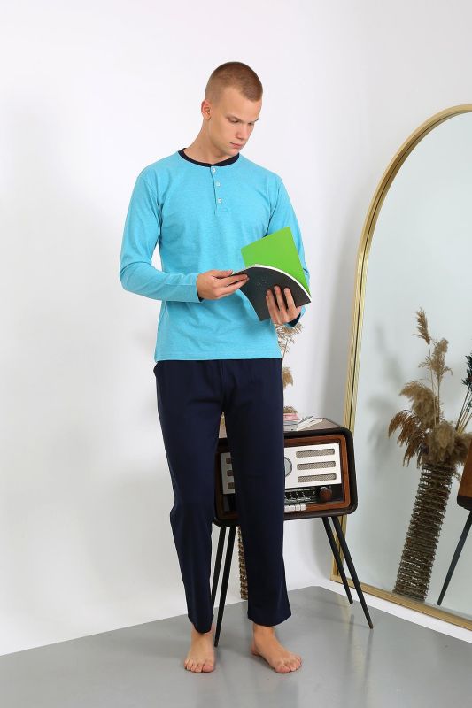 Moda Çizgi Erkek Penye Uzun Kol Pijama Takımı 6860 Turkuaz - 4